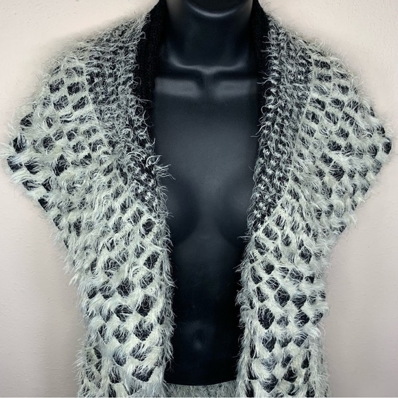 Sioni Liquid Black White Fuzzy Knit Open Knit Soft Draped Sweater Small Medium - Picture 2 of 8